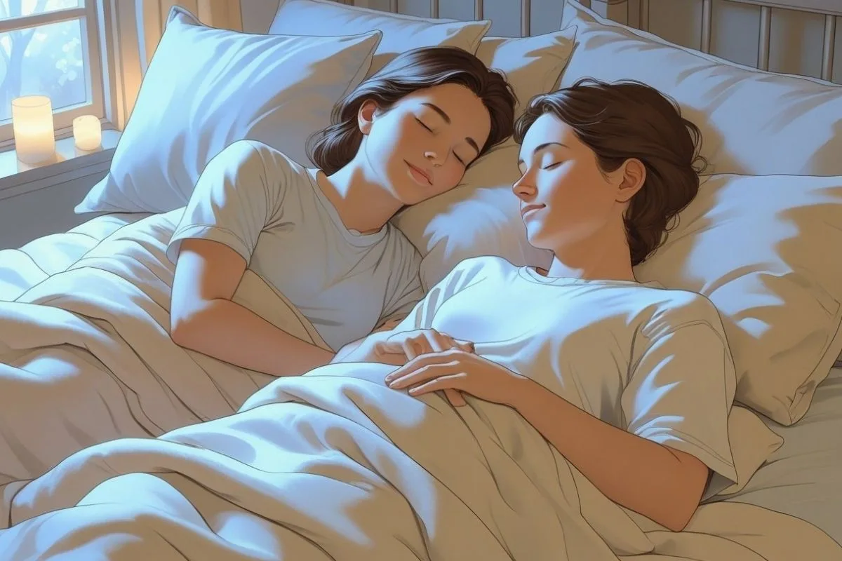 How to Sleep with Scoliosis: Best Sleep Positions and Tips Two people sleeping comfortably on a supportive mattress, highlighting the importance of sleep quality and proper support for scoliosis sufferers