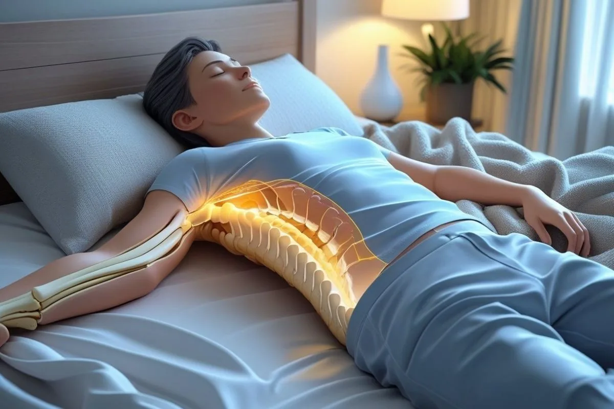 How to Sleep with Scoliosis: Best Sleep Positions and Tips Illustration showing spinal alignment while sleeping on the back, demonstrating how proper posture can help reduce scoliosis-related discomfort
