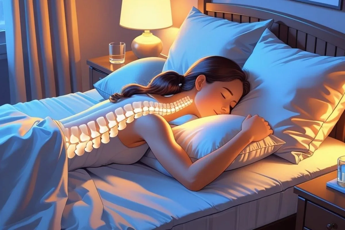 How to Sleep with Scoliosis: Best Sleep Positions and Tips Side sleeping position with a pillow for support, illustrating a scoliosis-friendly posture that helps keep the spine aligned during sleep