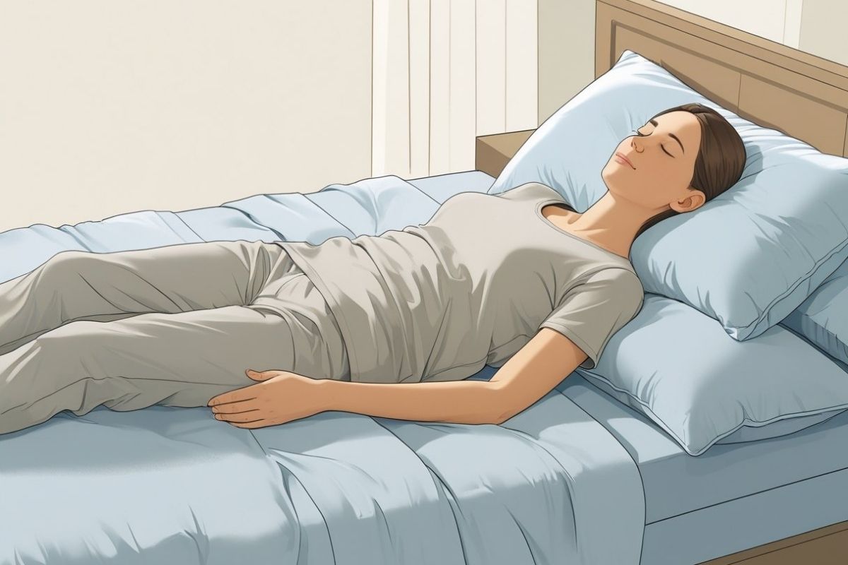 Person sleeping on their back with proper spinal alignment, demonstrating a recommended sleep position for people with scoliosis