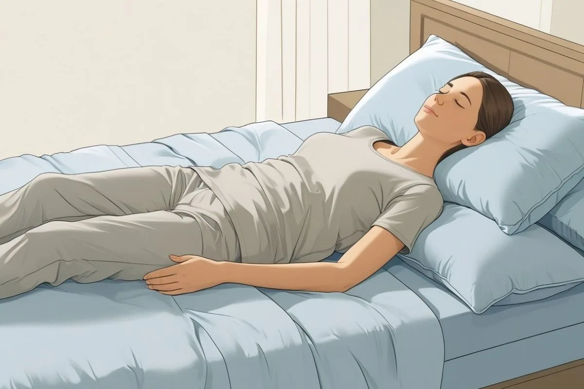 Person sleeping on their back with proper spinal alignment, demonstrating a recommended sleep position for people with scoliosis