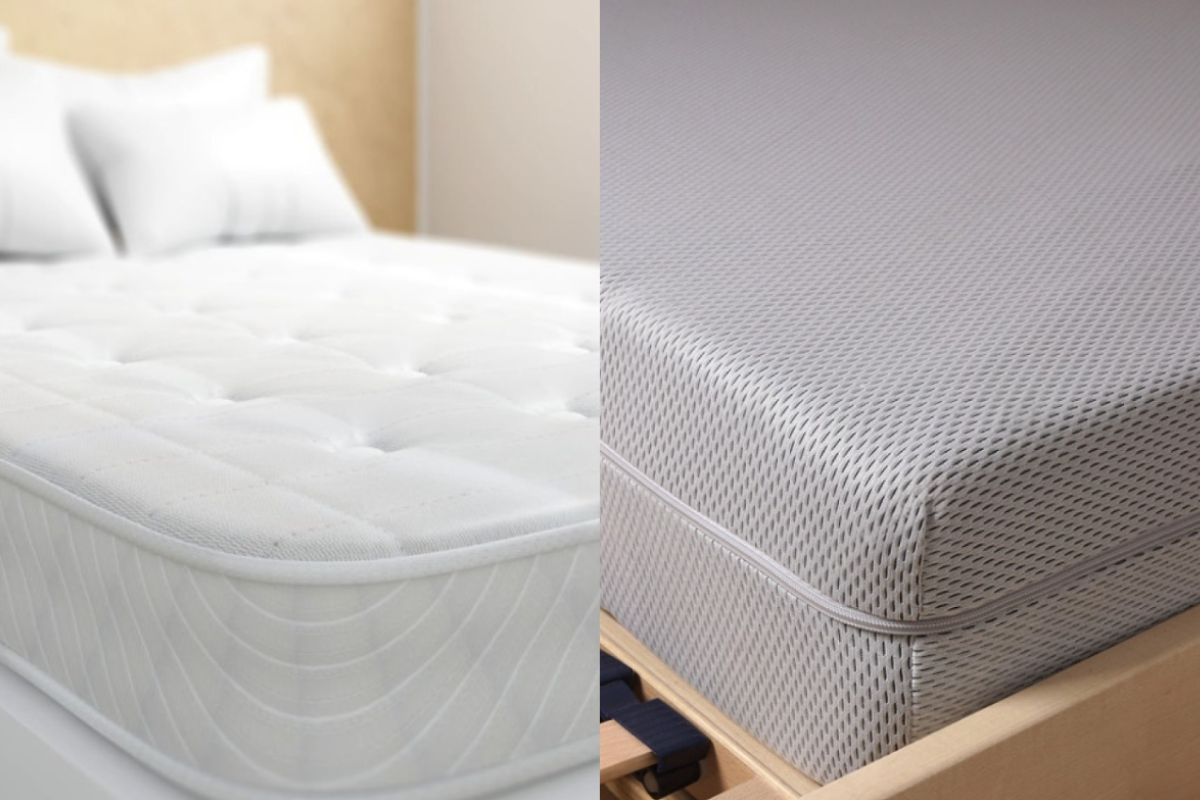 Side-by-side comparison of an innerspring mattress and a memory foam mattress, highlighting differences in surface design, cushioning, and construction