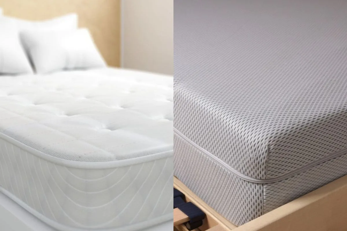 Side-by-side comparison of an innerspring mattress and a memory foam mattress, highlighting differences in surface design, cushioning, and construction