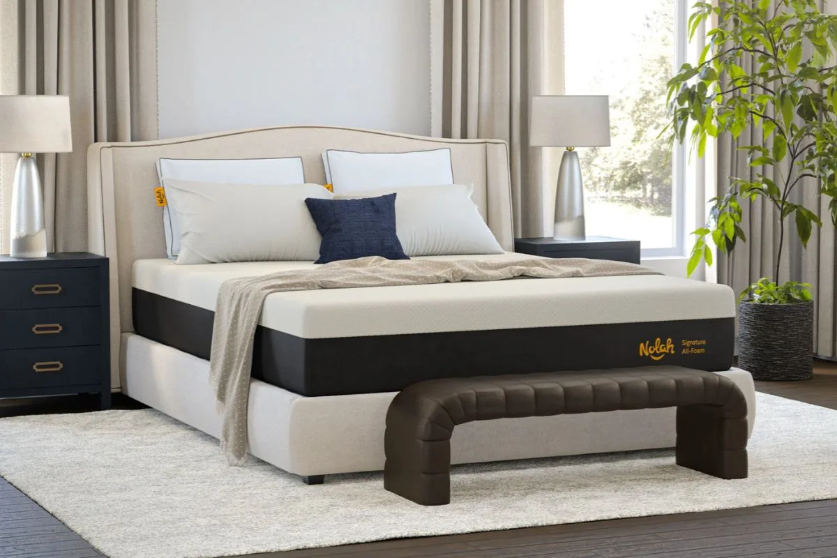 Nolah Signature 12 mattress displayed in a bedroom, showcasing the finished all-foam design discussed in the mattress safety review