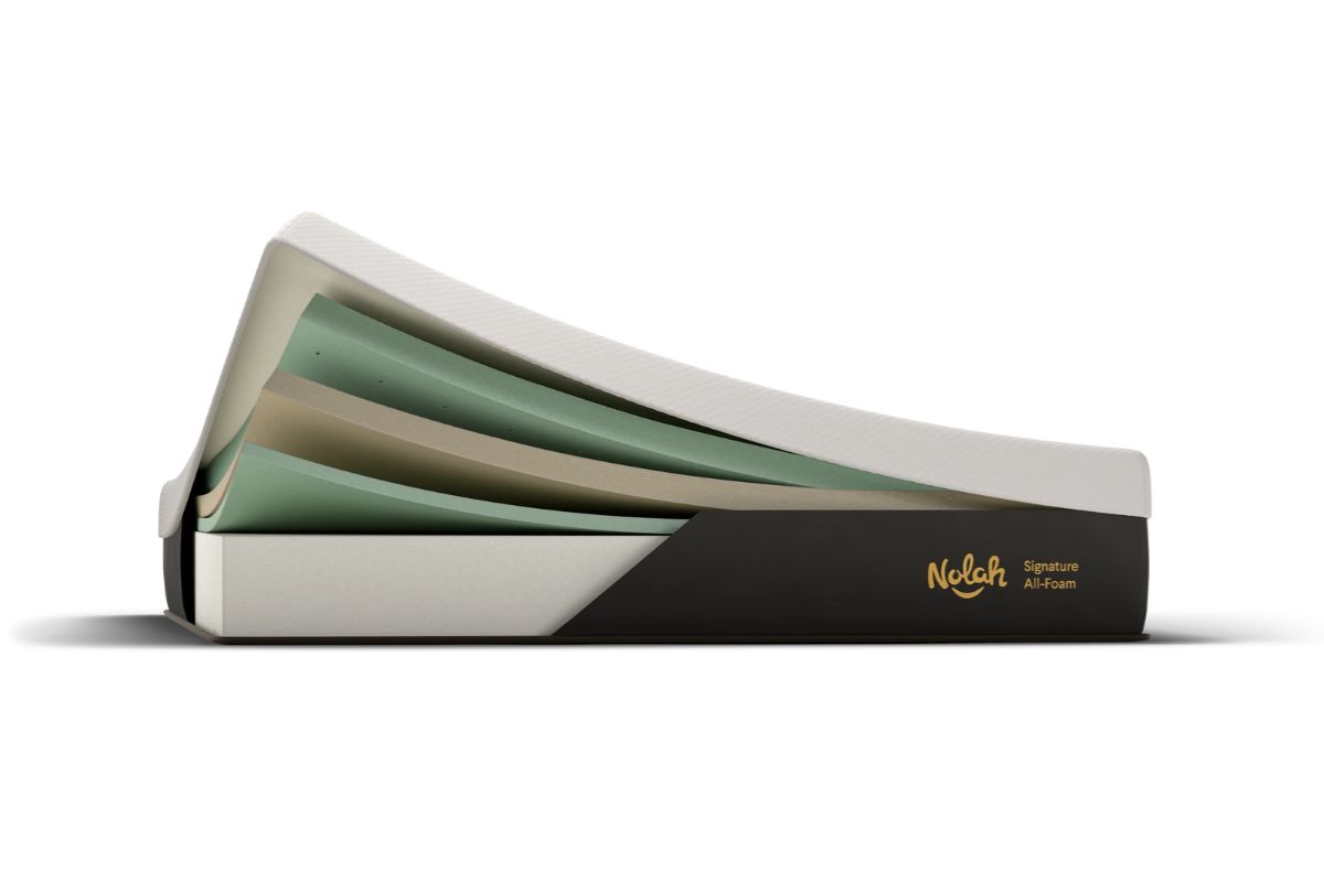 Cutaway view of the Nolah Signature 12 mattress layers, highlighting the foam construction and materials used to support safety, comfort, and durability