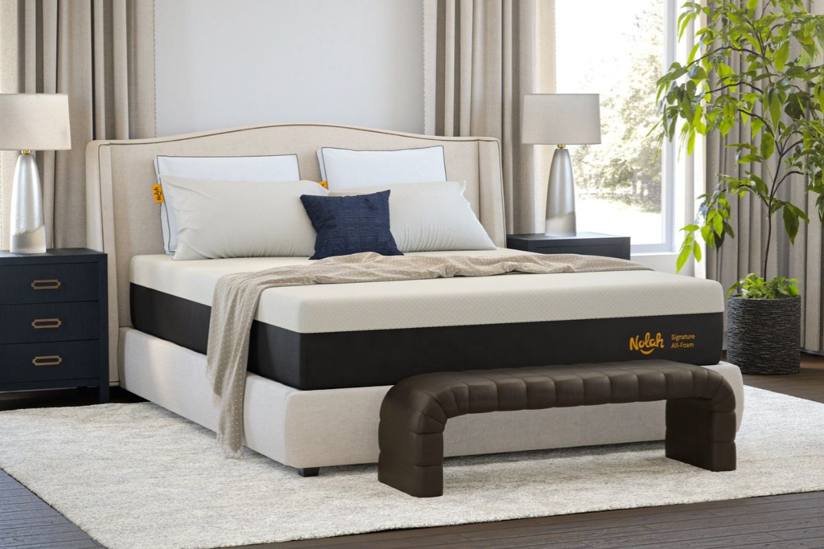 Nolah Signature 12-inch mattress displayed in a bedroom, highlighting the all-foam design discussed in real user reviews and common customer complaints