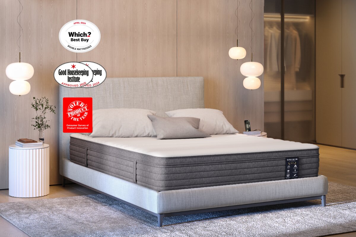 The Origin Hybrid Mattress with accolades: Which? Best Buy, Good Housekeeping Institute, and Voted Product of the year.