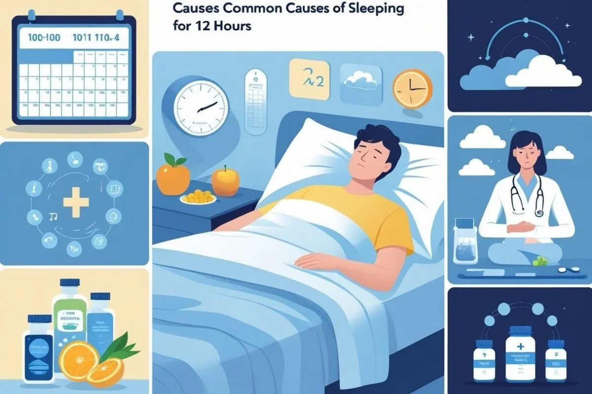 Oversleeping: Understanding Its Causes and Health Implications Infographic-style illustration showing common causes of oversleeping, including health conditions, medications, and lifestyle factors