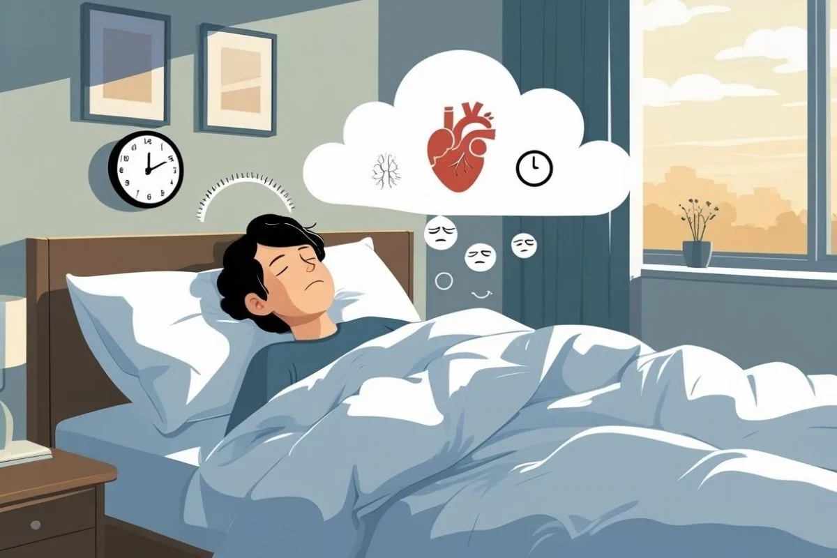 Oversleeping: Understanding Its Causes and Health Implications Person sleeping while surrounded by symbols of physical and emotional health, highlighting medical conditions linked to excessive sleep