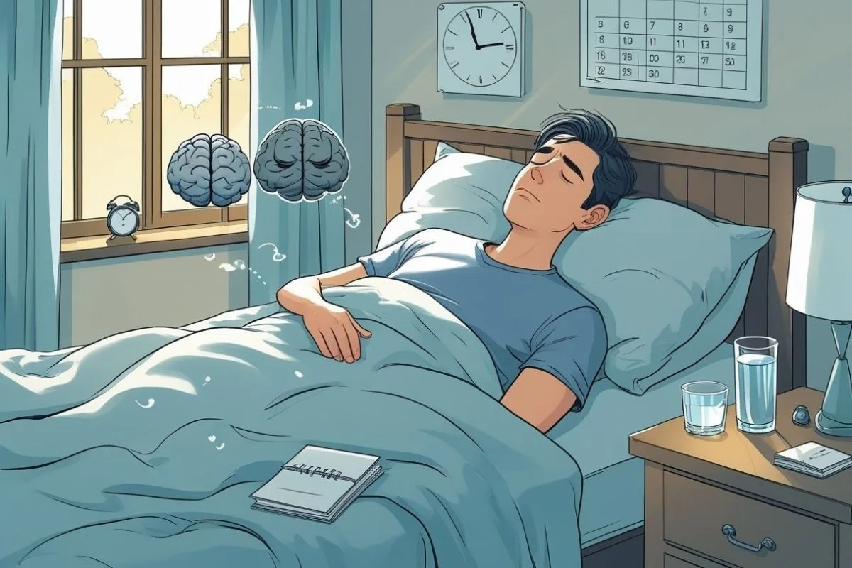 Oversleeping: Understanding Its Causes and Health Implications Sleeping individual with brain icons and a calendar, representing the connection between oversleeping, brain function, and daily routines