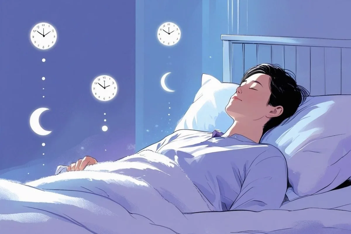 Oversleeping: Understanding Its Causes and Health Implications Person sleeping with clocks and moon symbols, illustrating extended sleep duration and disruptions to the normal sleep schedule