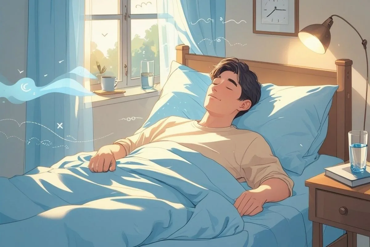 Oversleeping: Understanding Its Causes and Health Implications Well-rested sleeper in a bright bedroom, showing balanced sleep patterns compared with the effects of oversleeping