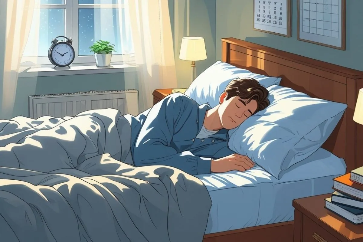 Person sleeping peacefully in bed, illustrating healthy sleep duration compared with oversleeping and excessive time spent asleep