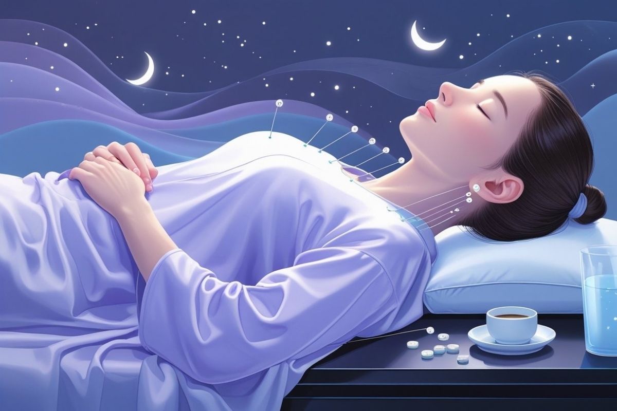 Sleeping woman with highlighted pressure points around the neck and upper chest, showing acupressure areas commonly used to promote better sleep