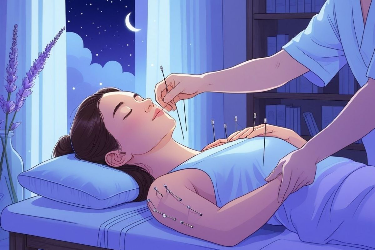 Acupuncture treatment session targeting sleep-related pressure points, demonstrating an alternative therapy for relaxation and insomnia relief