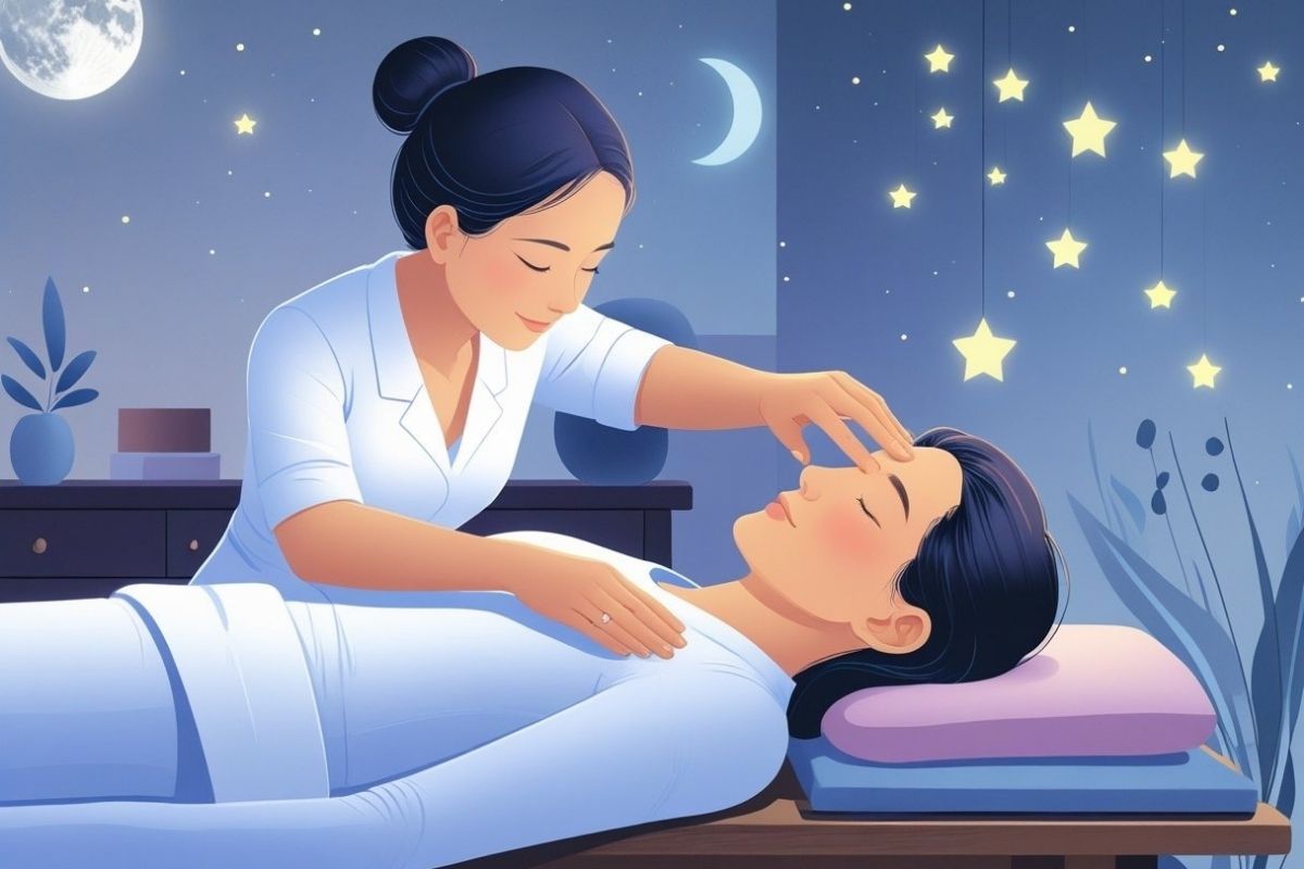 Therapist applying gentle pressure to facial pressure points, representing a natural method for reducing stress and encouraging restful sleep