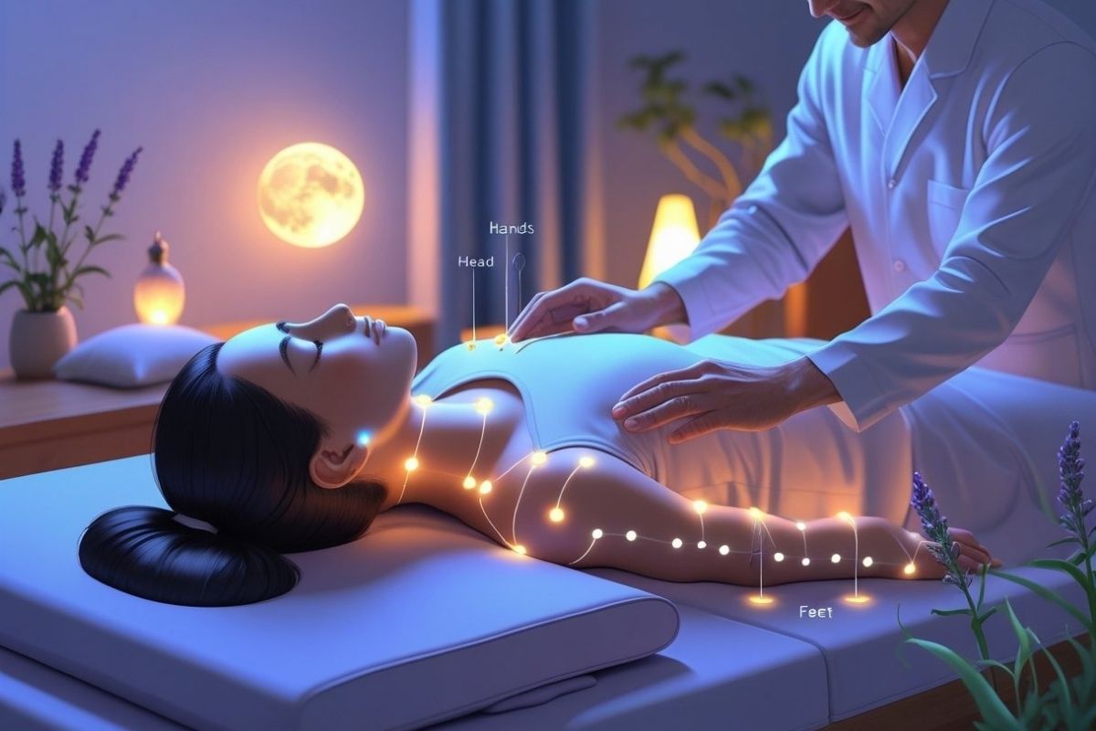 Acupressure practitioner working on pressure points along the upper body, showing how targeted stimulation may support healthy sleep patterns