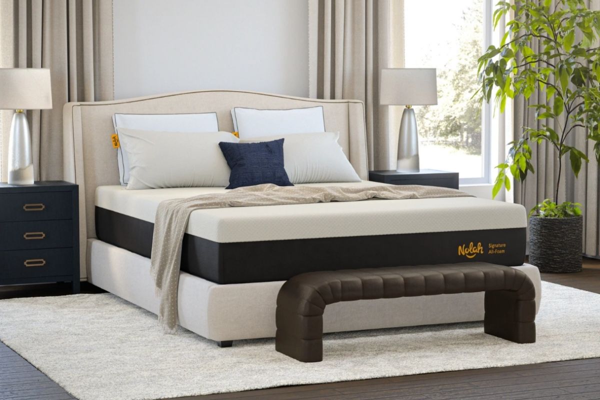 Nolah mattress displayed in a bedroom, representing a supportive sleep surface that complements natural sleep-improvement strategies like acupressure