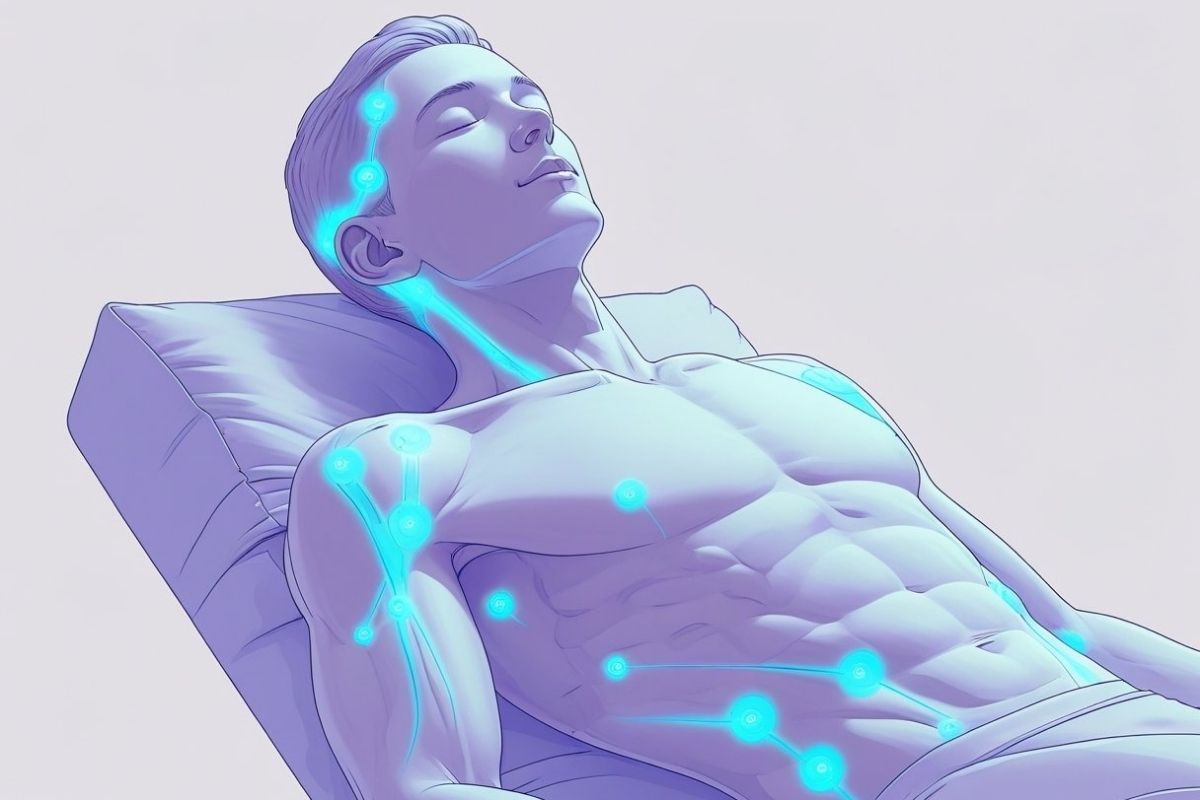 Illustration highlighting key acupressure points along the head, neck, chest, arms, and torso, showing pressure point locations that may promote relaxation and support better sleep naturally