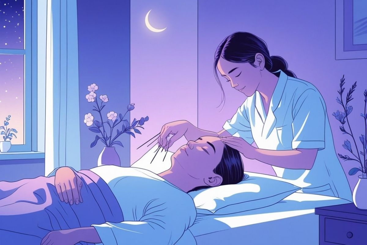 Practitioner applying acupressure points on a person's head and face, illustrating a natural relaxation technique that may help improve sleep quality
