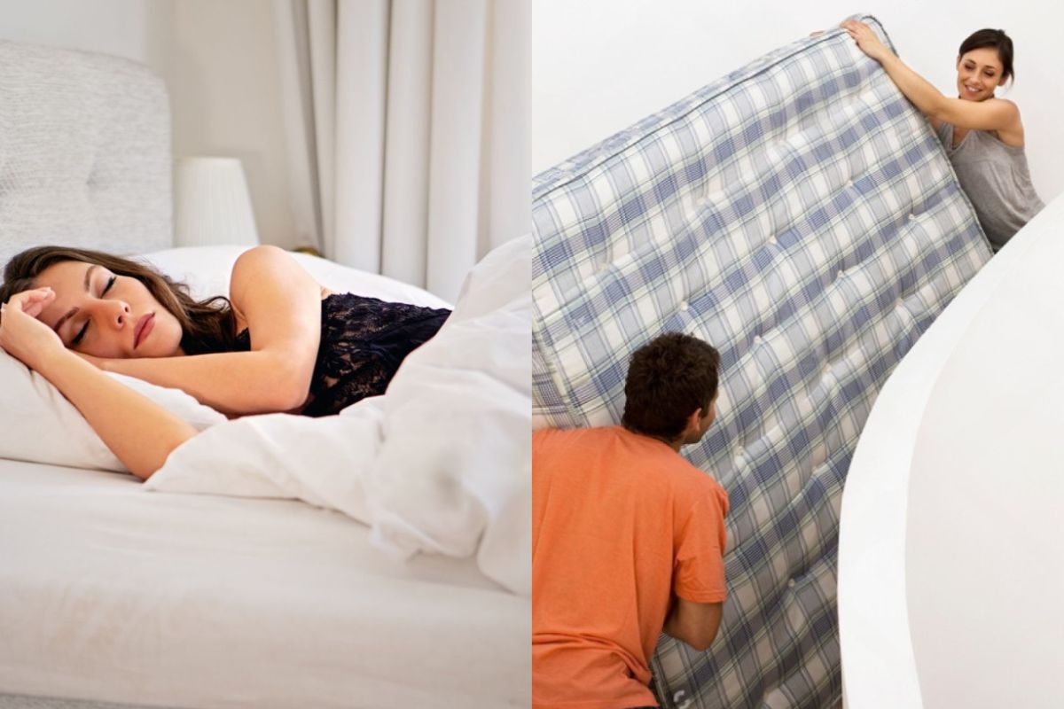 Illustration comparing restful sleep with the effort required to move a hybrid mattress, highlighting both comfort benefits and weight-related drawbacks of hybrid mattress designs