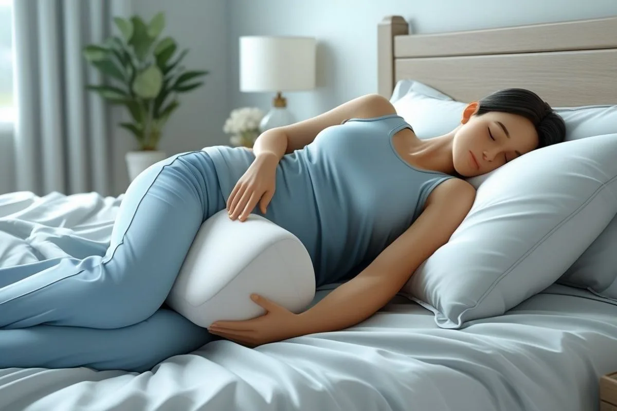 How to Relieve Hip Pain While Sleeping: Effective Tips and Positions Side sleeper using a pillow between the knees to reduce hip pressure and improve spinal alignment during sleep