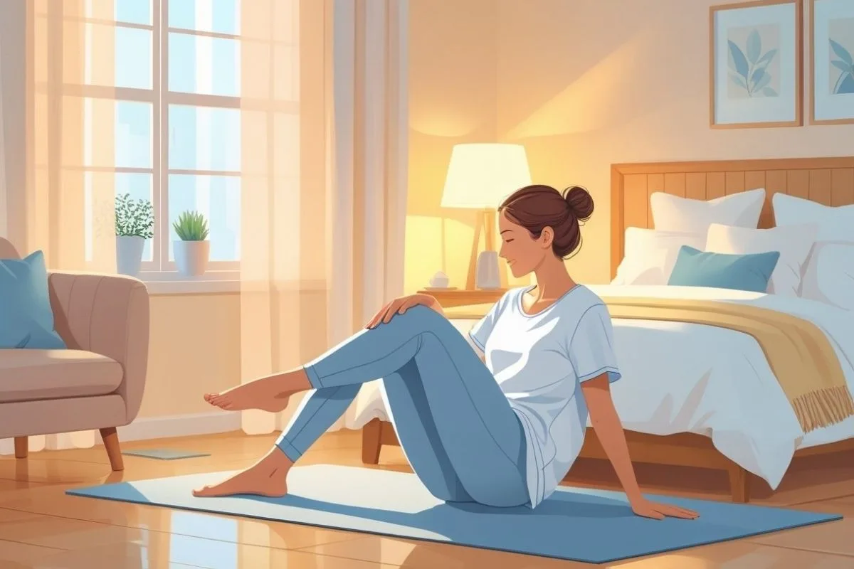 How to Relieve Hip Pain While Sleeping: Effective Tips and Positions Person performing gentle stretching exercises beside the bed to help reduce hip pain and improve sleep comfort