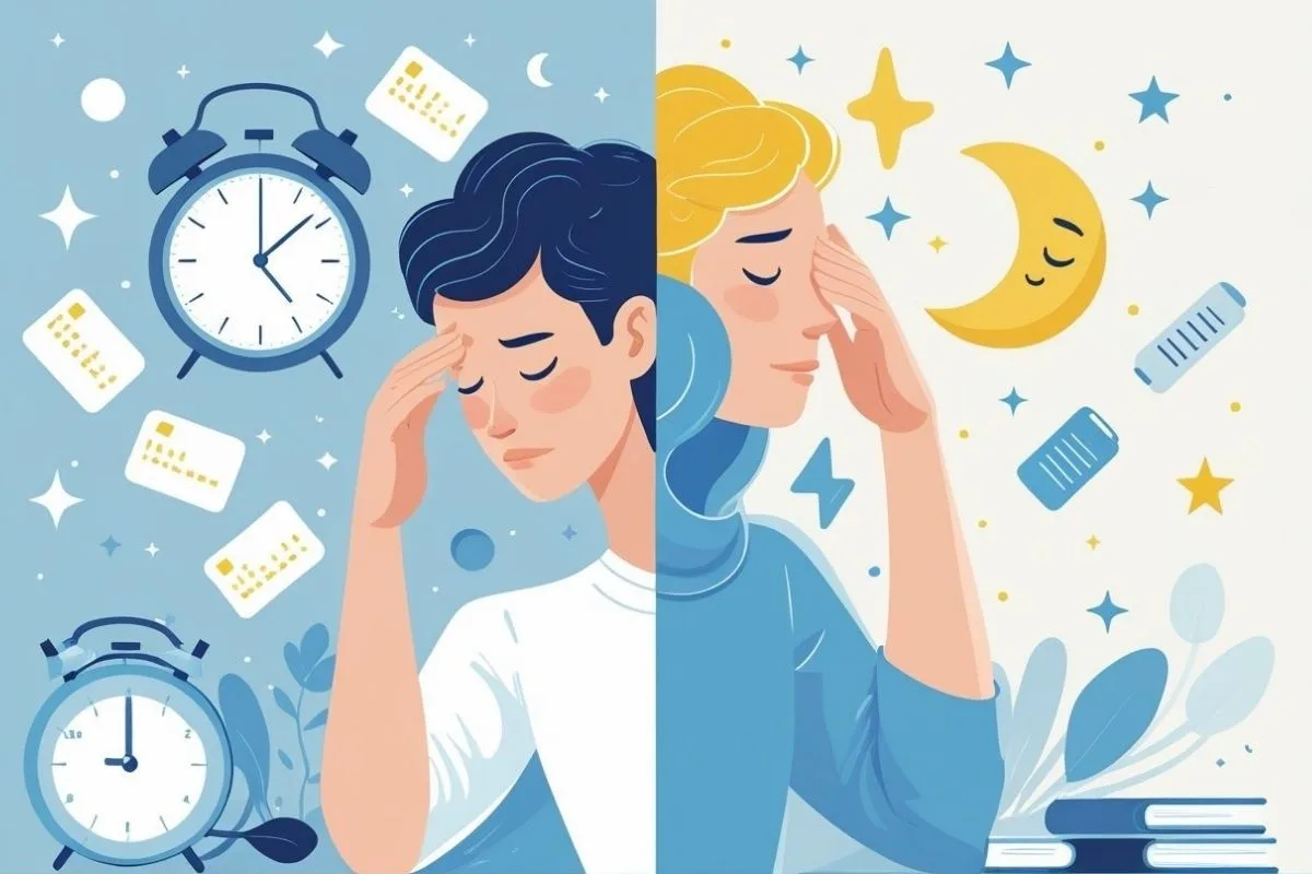 People experiencing fatigue and mental strain from sleep debt, highlighting common symptoms caused by chronic sleep deprivation