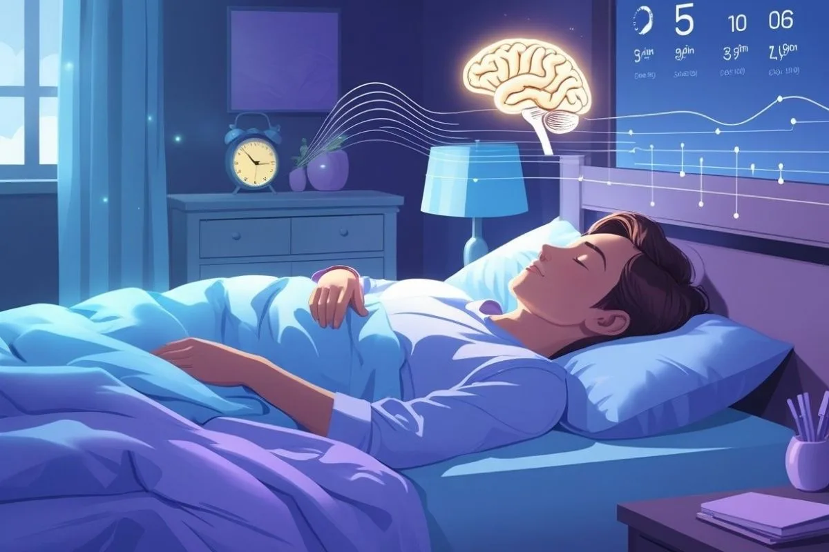 Sleeping person with brain activity visualization, illustrating how sleep debt affects cognitive function, memory, and overall brain health