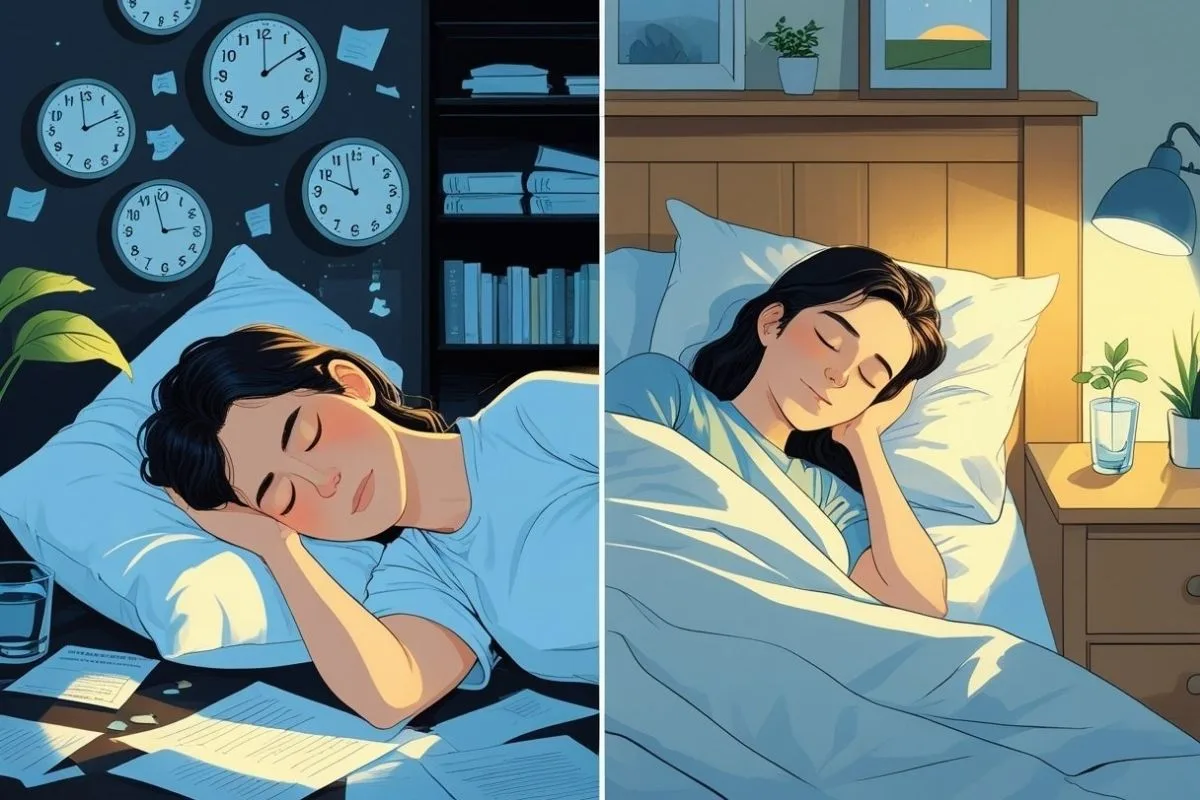 Side-by-side illustration of sleep debt and sleep recovery, showing the contrast between insufficient sleep and a healthy sleep routine