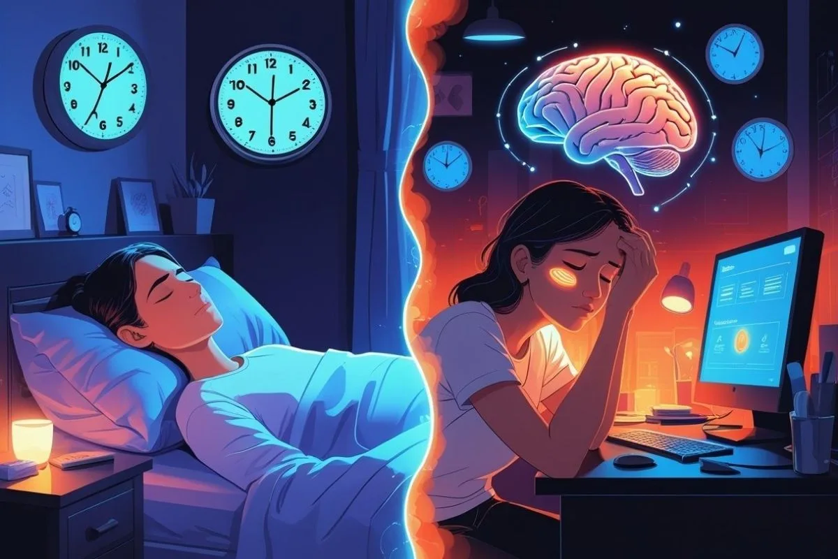 Visual representation of sleep debt's impact on daytime performance, showing how lack of sleep can affect focus, mood, and productivity.