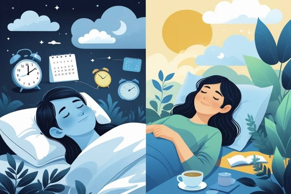 Illustration comparing adequate sleep and sleep debt, showing the difference between a well-rested sleeper and someone recovering from accumulated sleep loss