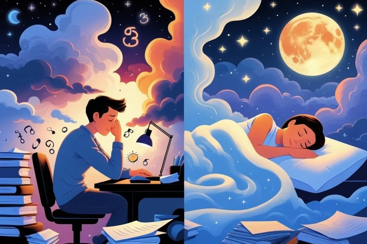 Stress and Insomnia: Understanding the Connection and Effective Remedies Visual comparison of mental stress and restful sleep, highlighting the connection between stress management and improved sleep quality