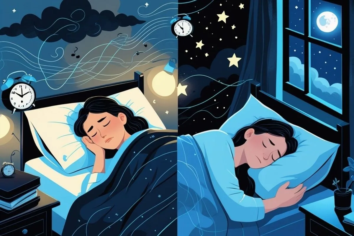 Stress and Insomnia: Understanding the Connection and Effective Remedies Split-screen illustration showing poor sleep caused by stress versus deep, restorative sleep after reducing stress and anxiety