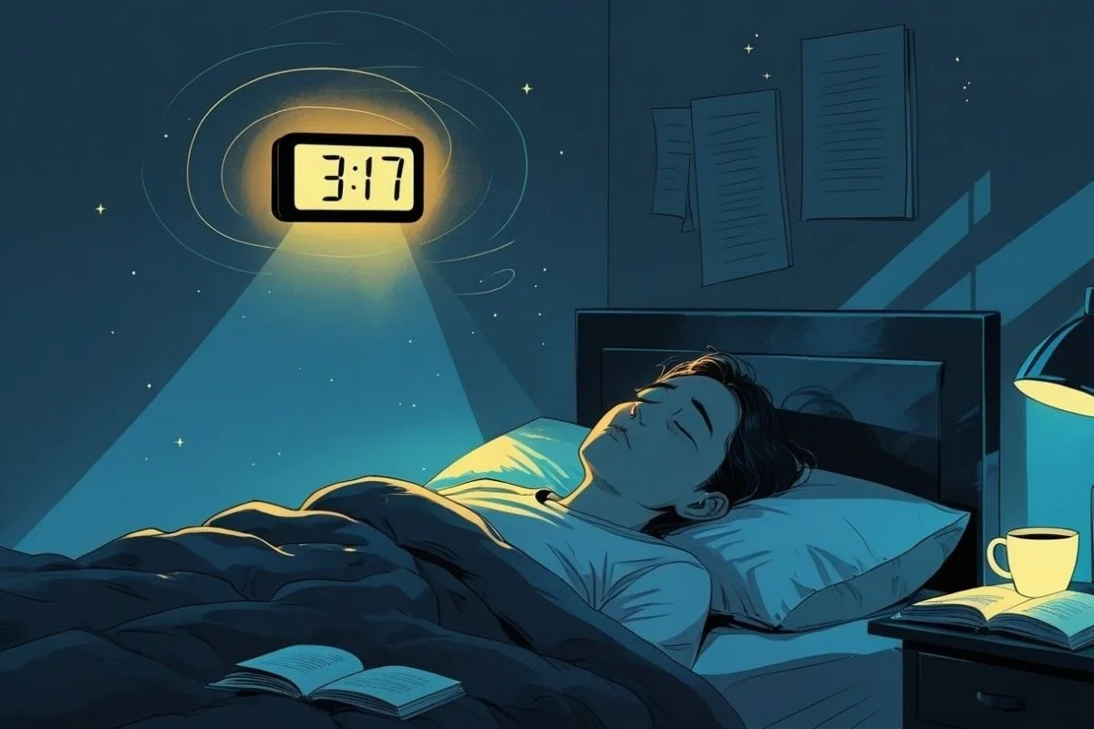 Stress and Insomnia: Understanding the Connection and Effective Remedies Person lying awake at 3:17 a.m., demonstrating how stress-related insomnia can lead to frequent nighttime awakenings
