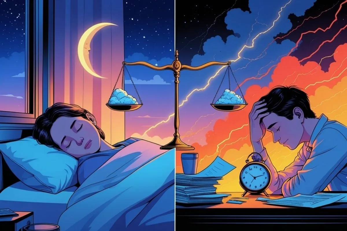 Stress and Insomnia: Understanding the Connection and Effective Remedies Balanced scale representing the relationship between stress levels and sleep quality, emphasizing the need for healthy stress management