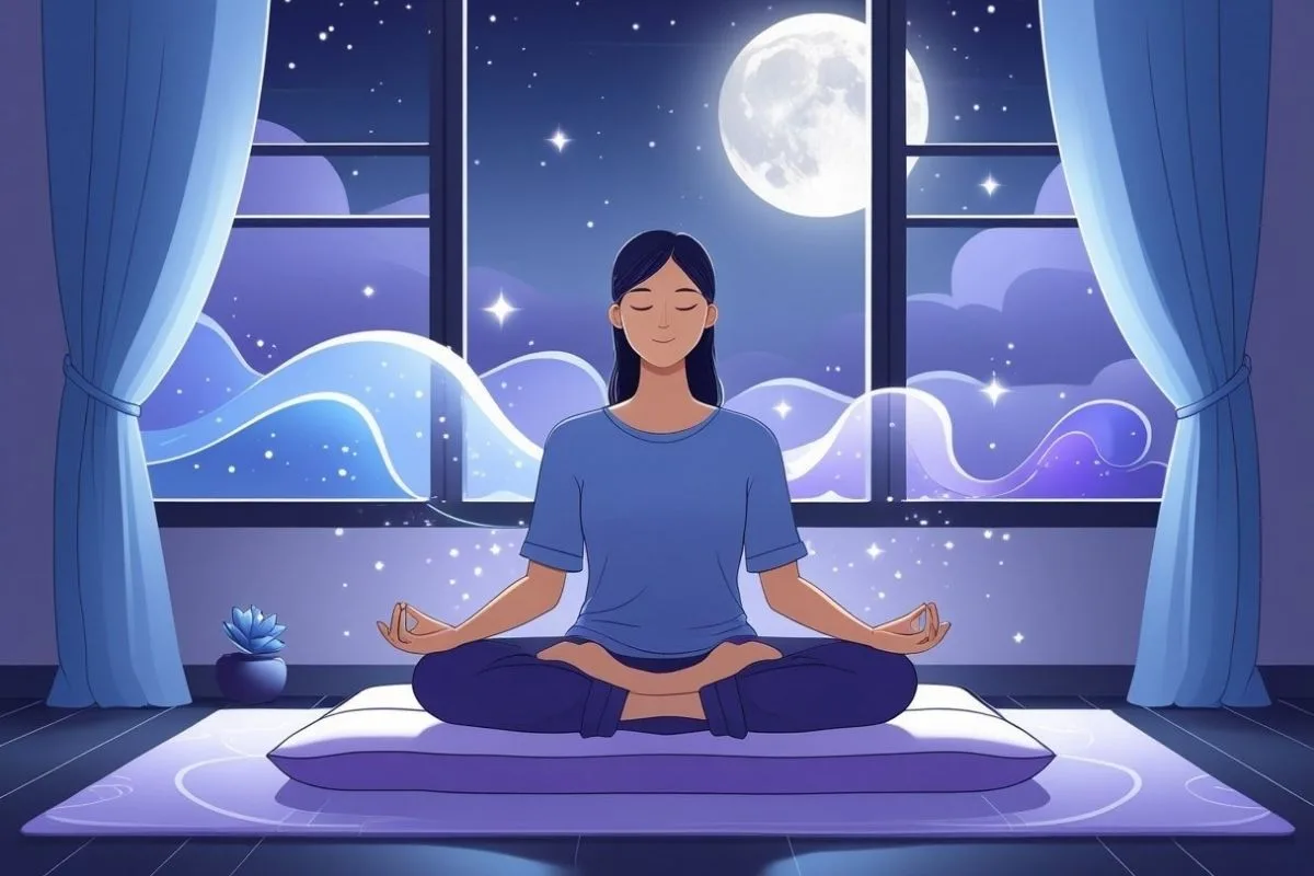 Stress and Insomnia: Understanding the Connection and Effective Remedies Person practicing meditation before bedtime as a natural remedy for reducing stress and improving sleep quality
