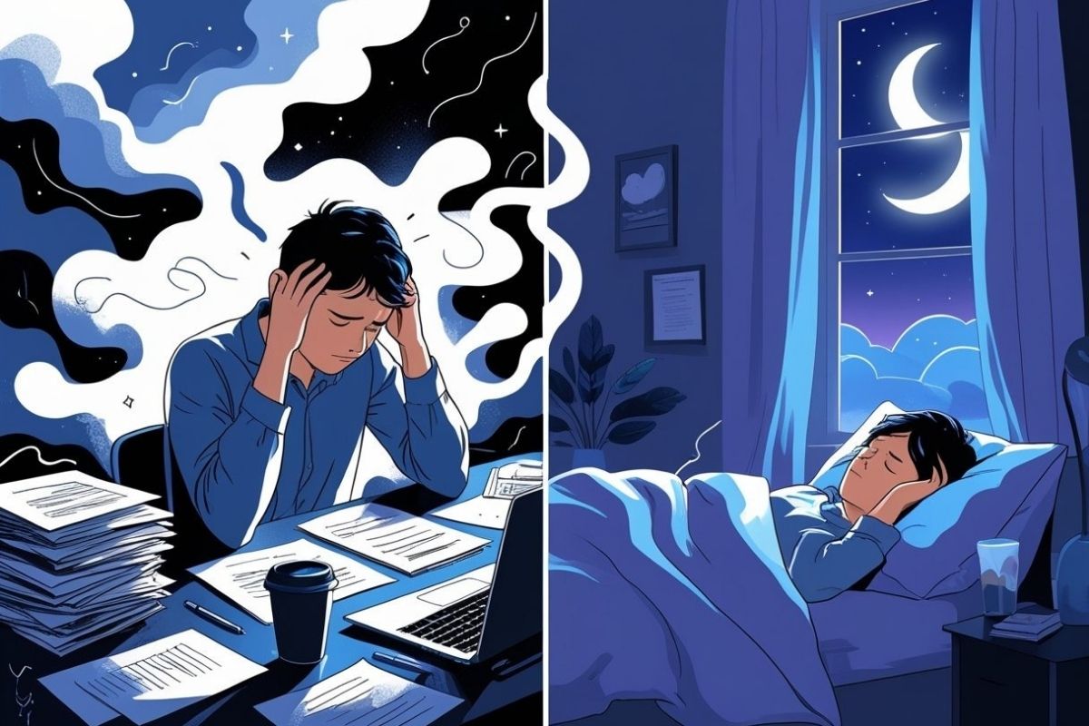 Illustration showing how chronic stress can lead to insomnia, with a stressed individual working late and struggling to sleep at night