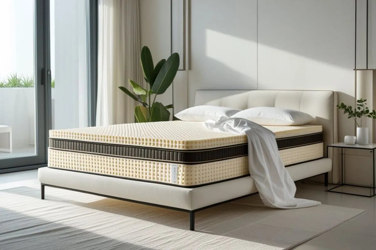 What Does a Latex Mattress Feel Like? Modern latex mattress in a bedroom setting, highlighting the buoyant, supportive feel and breathable design of natural latex