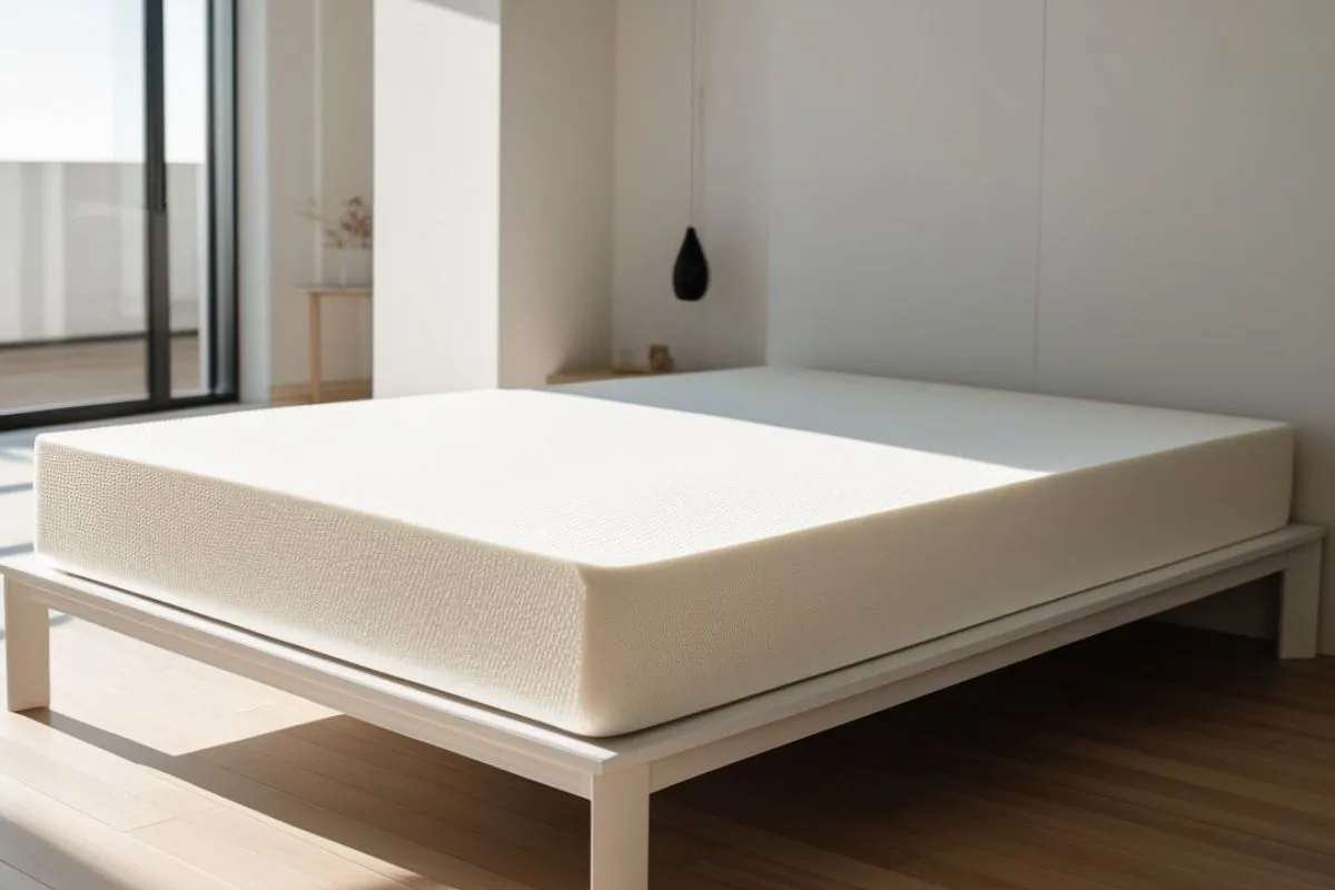 What Does a Latex Mattress Feel Like? Minimalist all-foam latex mattress on a platform bed, showcasing the firm, responsive surface commonly associated with latex mattresses
