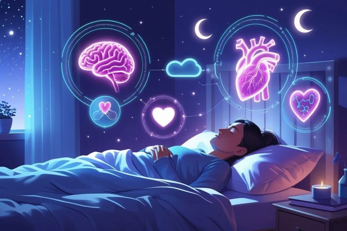 What Does Sleep Do for the Body? Discover Its Vital Health Benefits Visual showing the connection between sleep, brain health, heart function, and overall wellness during the night