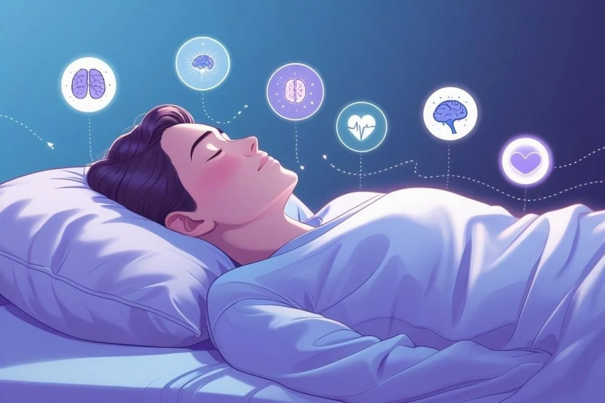 What Does Sleep Do for the Body? Discover Its Vital Health Benefits Person resting in bed with health icons representing the role of sleep in supporting the brain, heart, lungs, and emotional health