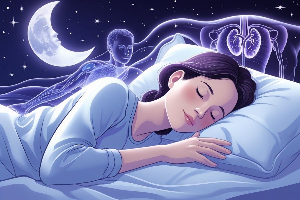 Illustration of a person sleeping peacefully, highlighting how sleep supports overnight physical recovery and organ function