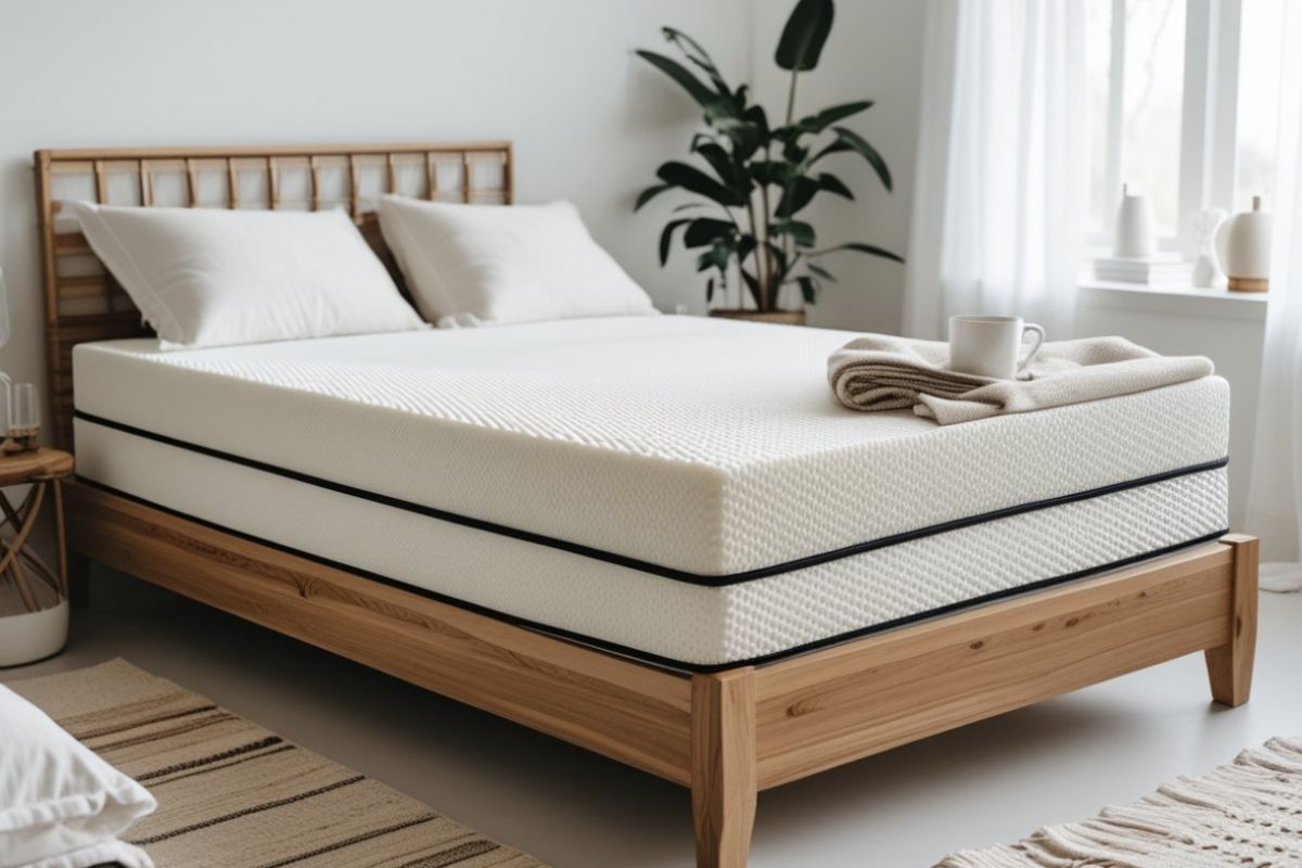 Latex mattress on a wooden bed frame in a bright bedroom, illustrating the appearance and design of a modern latex mattress