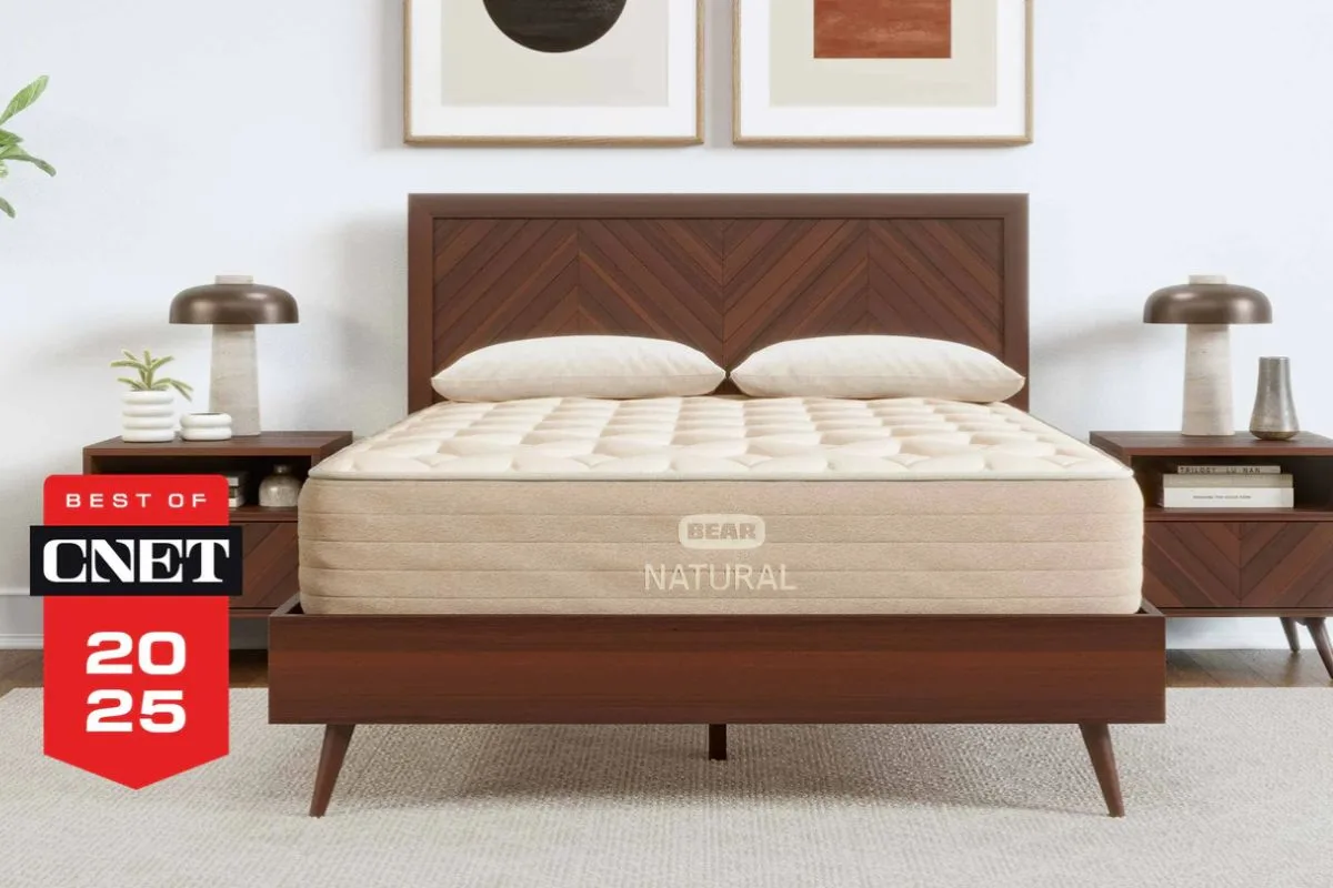 Bear Natural mattress displayed on a bed frame emphasizing its eco-friendly design and certified safe construction for healthier sleep