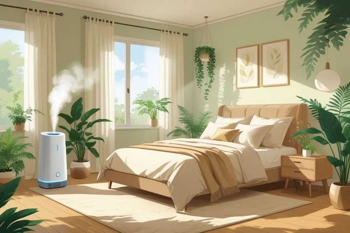 What is the Best Humidity Level for Sleeping? Humidifier adding moisture to a bright bedroom to create the best humidity level for sleeping