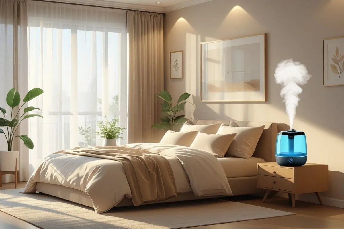 What is the Best Humidity Level for Sleeping? Humidifier on a bedside table helping maintain optimal humidity for a comfortable sleep environment