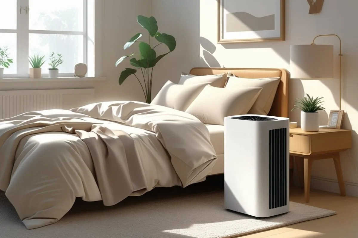 What is the Best Humidity Level for Sleeping? Air purifier in a bedroom helping maintain clean air and a healthy sleep environment with proper humidity