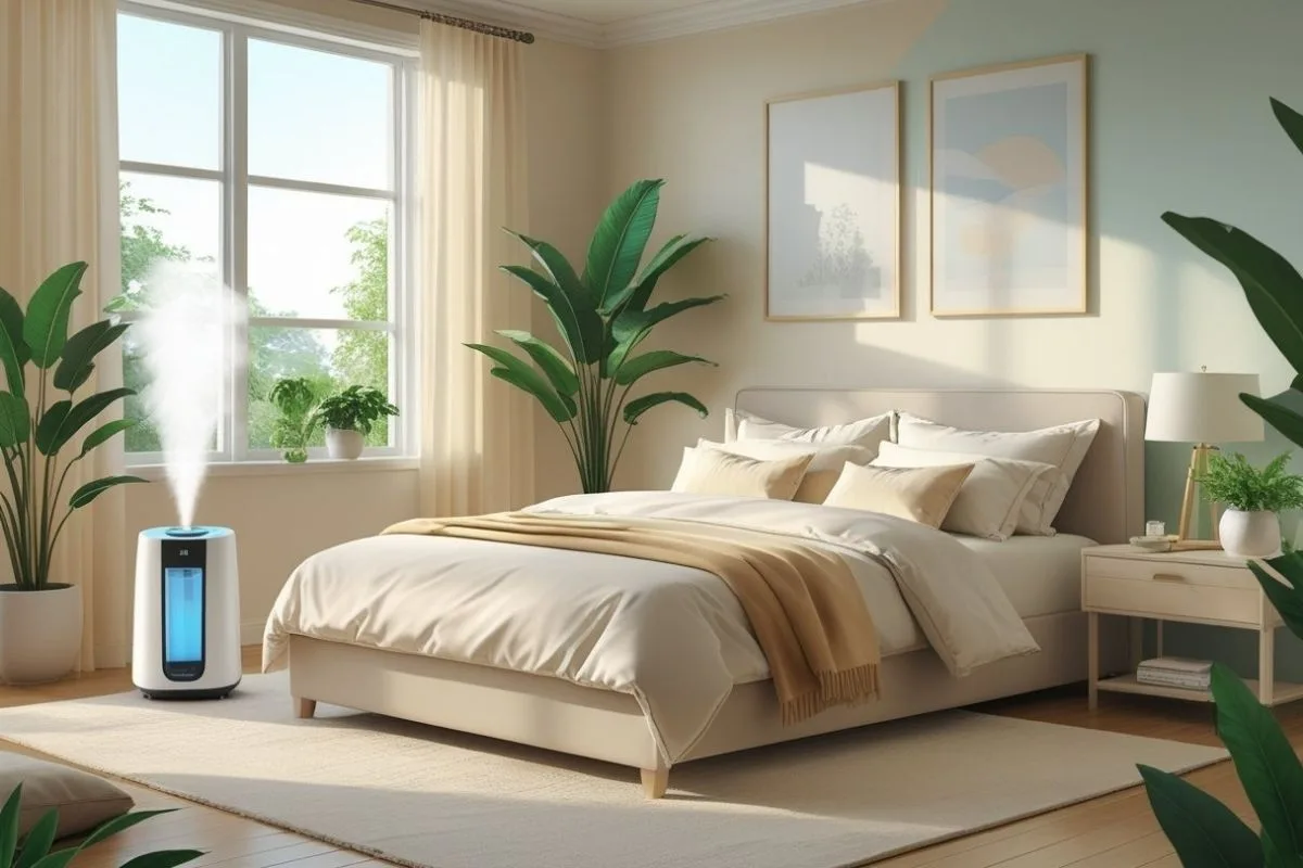 Bedroom with a humidifier maintaining the ideal humidity level for better sleep quality and comfort