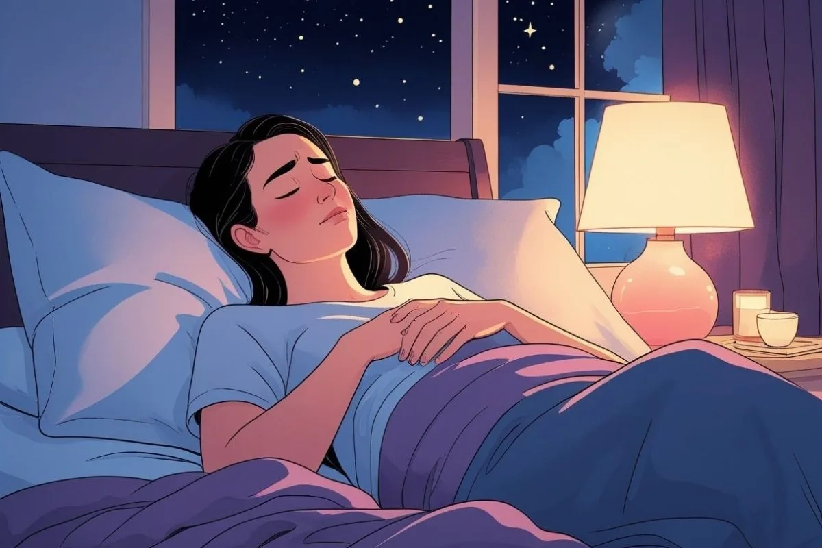 Woman lying on her back with abdominal discomfort, illustrating how menstrual cramps can affect sleep quality